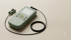 A product photograph of a small plain handheld nerve stimulator with a thin lead and an ear clip electrode on a plain backdrop.