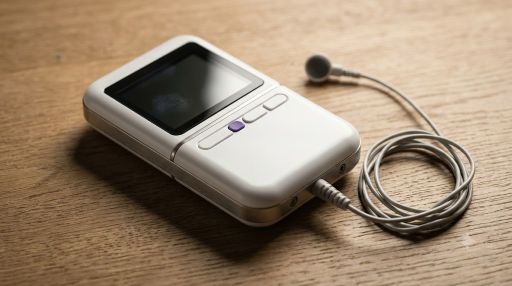 Overhead view of an unbranded transcutaneous nerve stimulator with an ear electrode on a thin cable, on an oak surface.