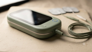 A small handheld TENS unit with two lead wires and electrode pads resting on an unglazed clay tile in soft directional light.