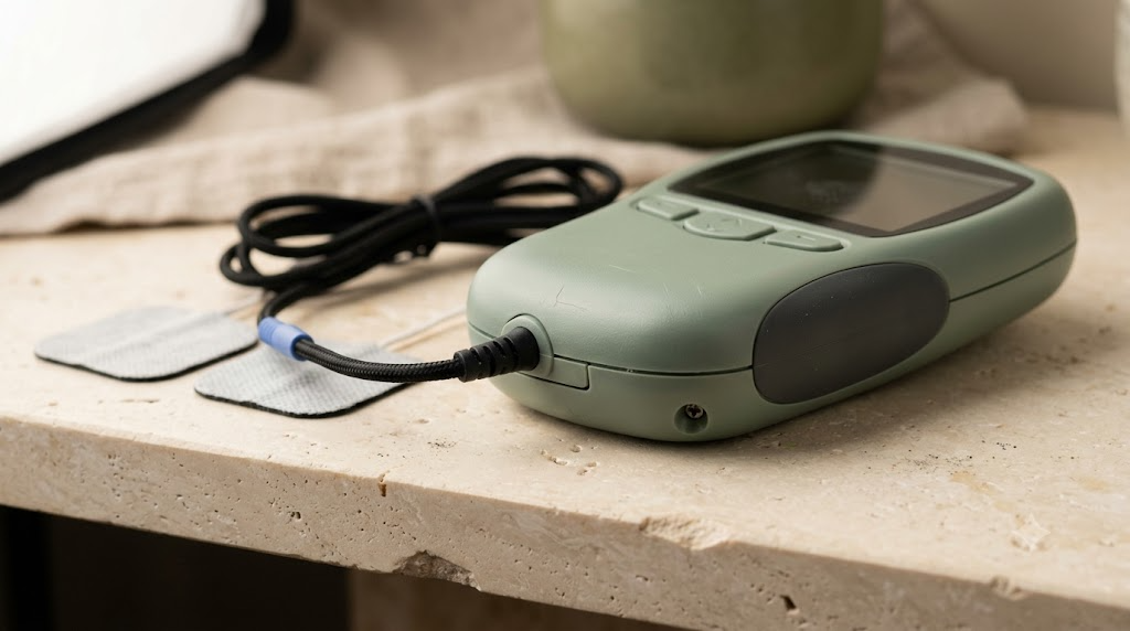 A small sage-green handheld nerve stimulator with square electrode pads and a coiled cable on a stone surface