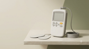 A small unbranded TENS unit with two adhesive electrode pads on a plain surface.