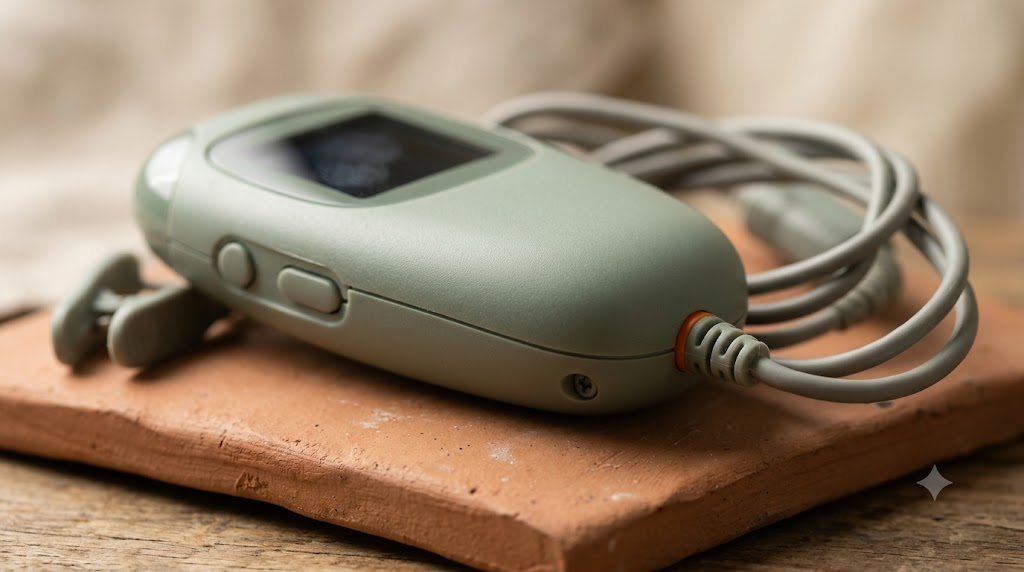 A small sage handheld nerve stimulator with an ear clip and coiled cable resting on a clay tile.