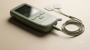 A small unbranded sage green nerve stimulation unit with two lead wires and a pair of electrode pads on a matte cream board.