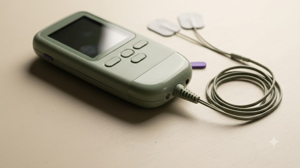 A small unbranded sage green nerve stimulation unit with two lead wires and a pair of electrode pads on a matte cream board.