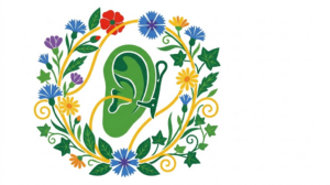 Flat vector folk-art illustration of a human ear wearing an external vagus nerve stimulator clip, surrounded by stylised blooms and foliage on a white background.