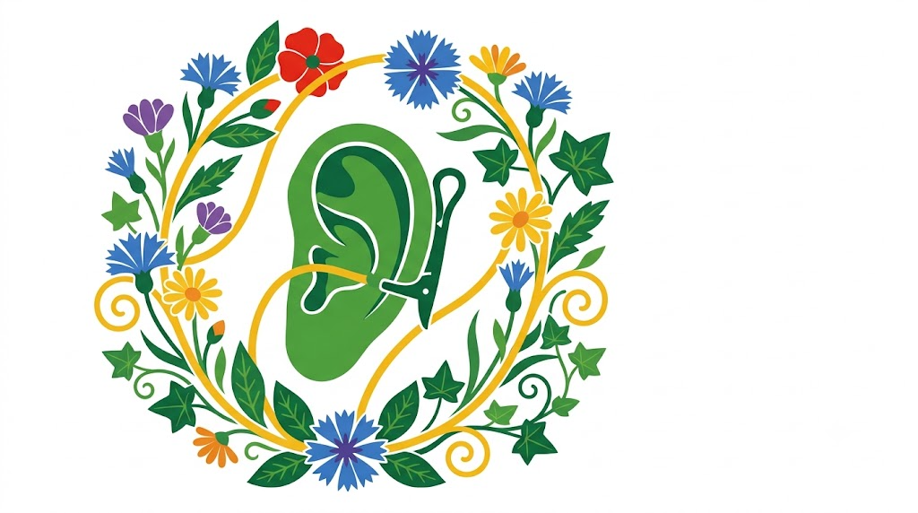 Flat vector folk-art illustration of a human ear wearing an external vagus nerve stimulator clip, surrounded by stylised blooms and foliage on a white background.