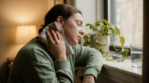 A person holding an ice pack wrapped in a tea towel to the side of their neck in a warm, lived-in room.