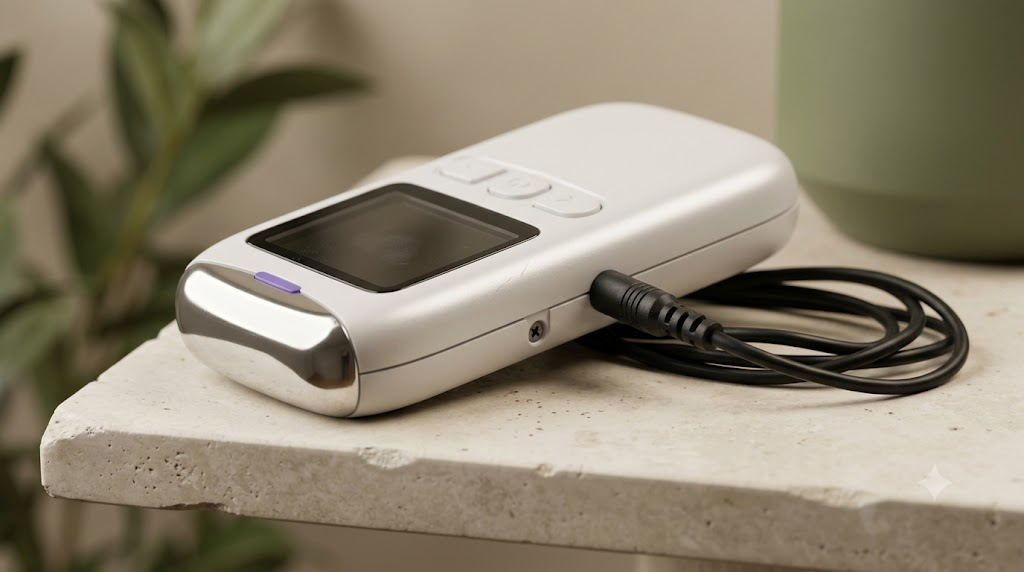 An unbranded white handheld nerve stimulator with a polished metal tip, dark glass screen and coiled cable on stone.