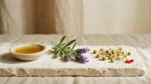 A still life photograph of a shallow pool of golden bath oil with a sprig of lavender and dried chamomile flowers on a plain surface.