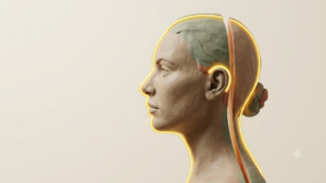 A sculpted matte clay human head and neck in profile with a bright continuous golden line tracing the length of the form.