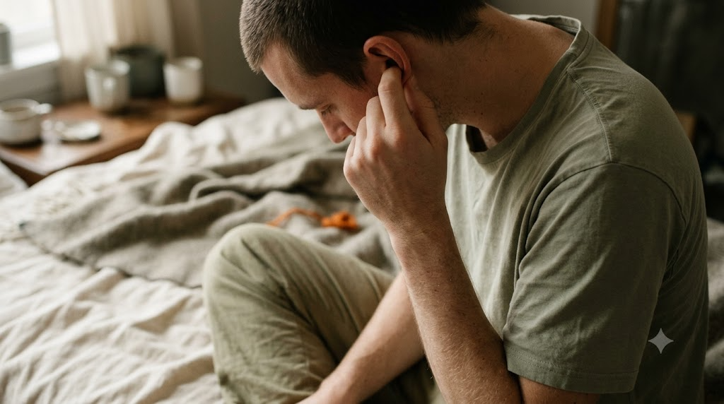 A person seated on rumpled bed linen slowly kneading the outer rim of their ear.