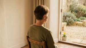 A person seen from behind in an open doorway, turning their head slowly to one side in warm late afternoon light.