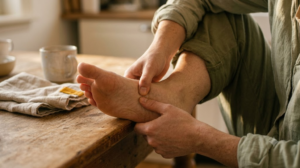 A person pressing their thumb into the arch of their own bare foot in a warm room