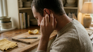 A person massages the outer rim of their own ear at a wooden kitchen counter in warm light.
