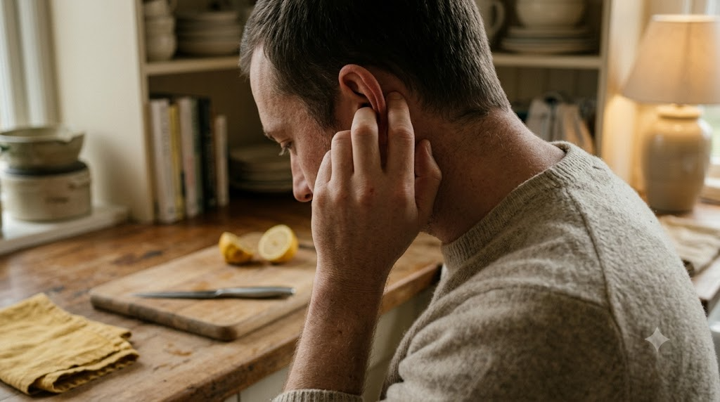 A person massages the outer rim of their own ear at a wooden kitchen counter in warm light.
