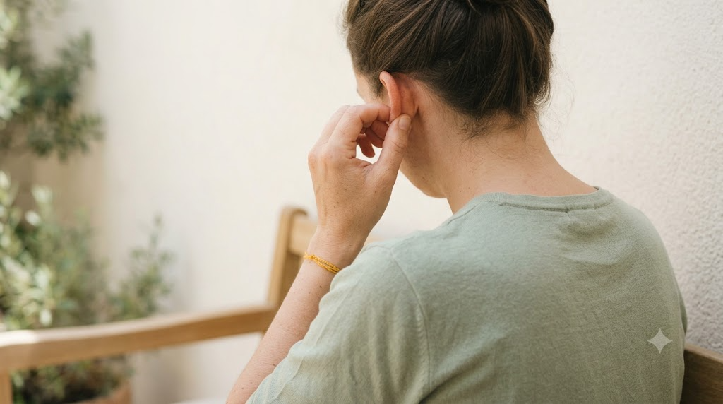 A person massaging the outer rim of their ear between finger and thumb in soft natural light.