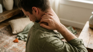 A person kneading the stiff side of their own neck with one hand, seen from behind on a worn rug in soft window light.