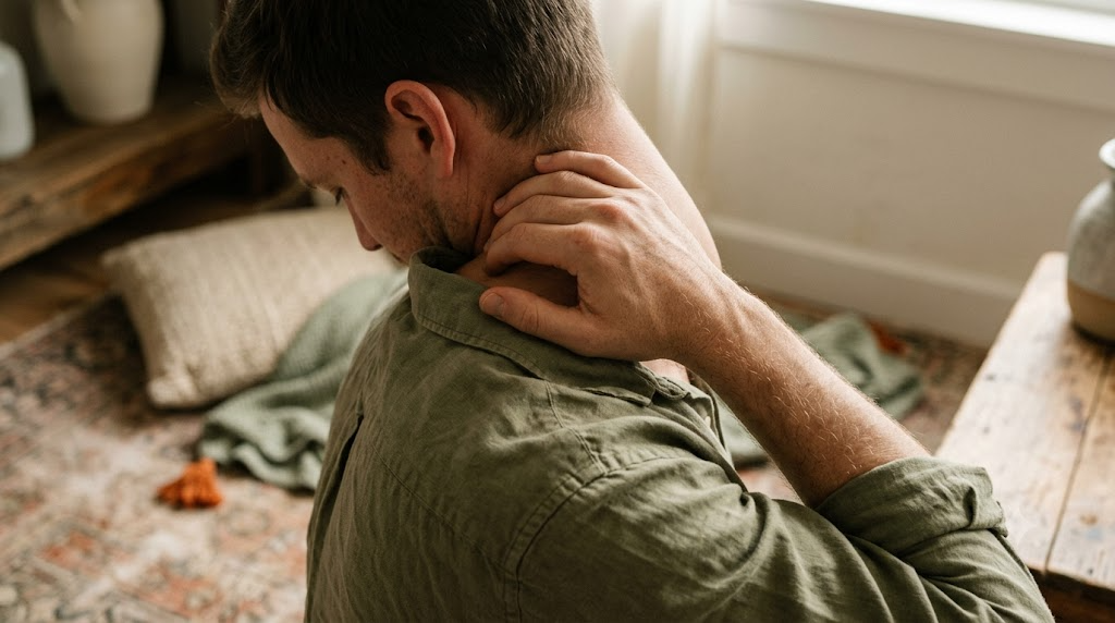 A person kneading the stiff side of their own neck with one hand, seen from behind on a worn rug in soft window light.