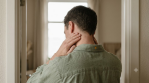 A photograph of a person massaging the side of their own neck with their fingertips, face out of frame, in soft daylight.