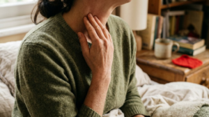 Close on hands as a person works their fingertips slowly down the side of their neck in soft window light.