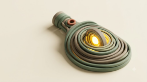 A soft matte clay render of a bottle of oil among nested concentric rings lying flat, with a single bright golden light element.