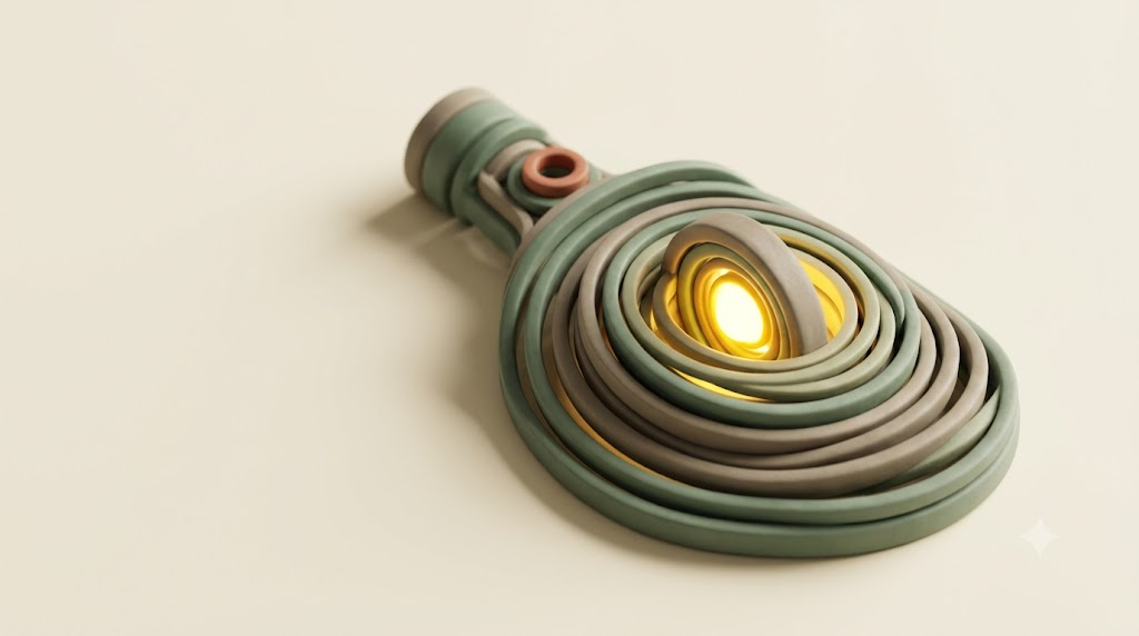 A soft matte clay render of a bottle of oil among nested concentric rings lying flat, with a single bright golden light element.