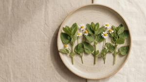 Sprigs of fresh lemon balm and chamomile flowers arranged on a plain surface in soft daylight.