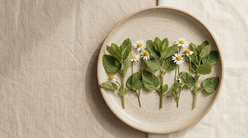 Sprigs of fresh lemon balm and chamomile flowers arranged on a plain surface in soft daylight.
