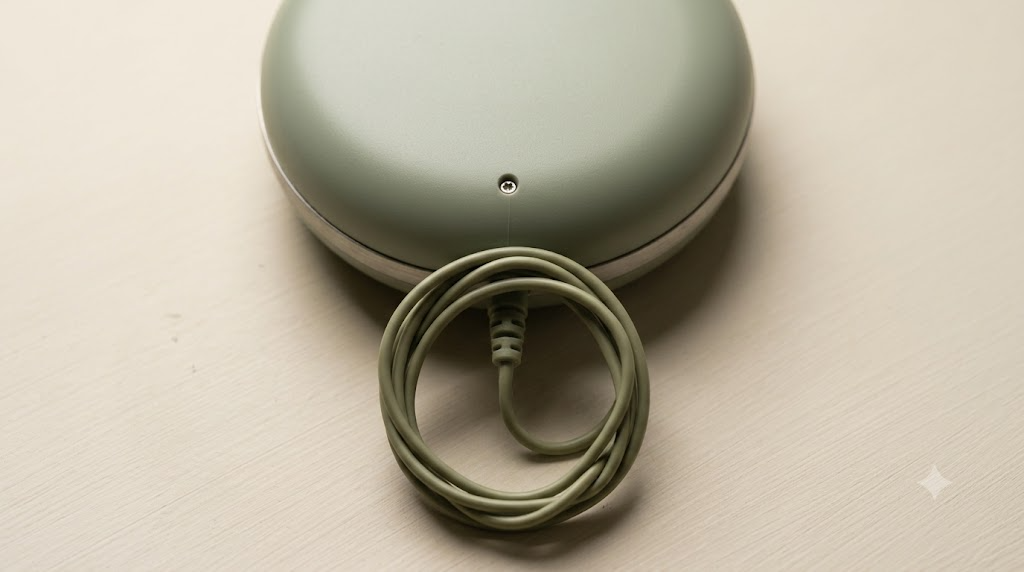Overhead view of a small unbranded rounded pulse generator puck with a coiled lead wire.