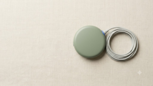A product photograph of a small unbranded implantable nerve stimulator with a coiled lead wire on linen.