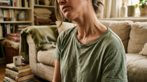 Cropped at the chin on a sofa, a person eases one shoulder down to stretch the side of their neck.