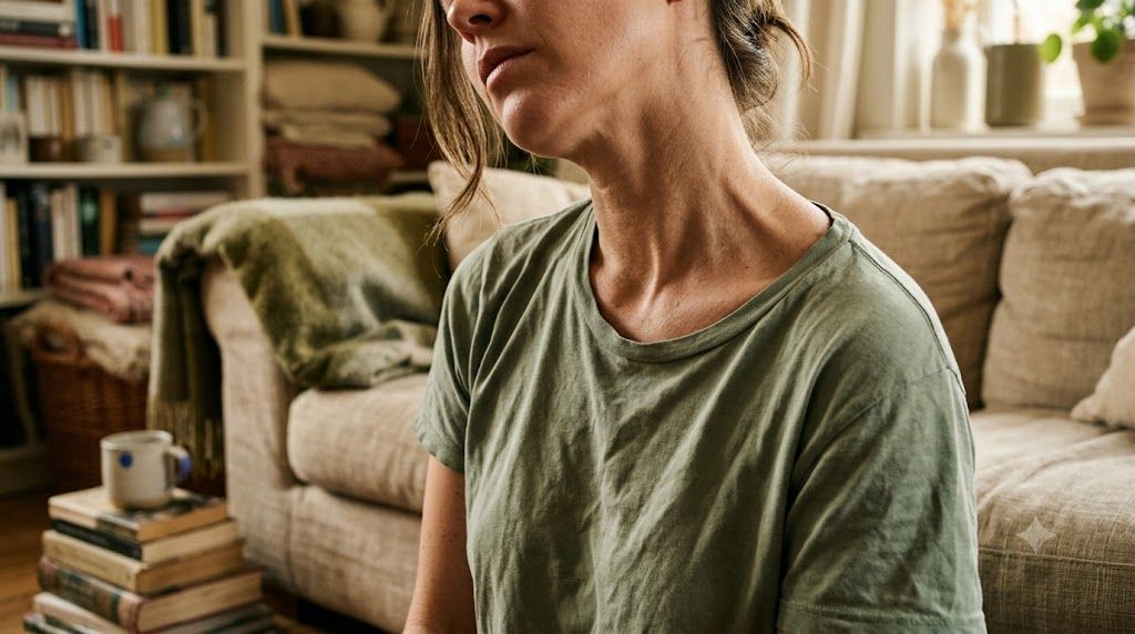 Cropped at the chin on a sofa, a person eases one shoulder down to stretch the side of their neck.