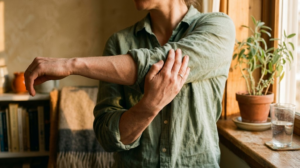 Close view of a person reaching one arm across their body in a slow shoulder stretch by a window.