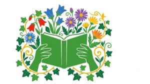 Flat vector folk-art illustration of a pair of hands holding an open book, surrounded by stylised blooms and foliage on a white background.