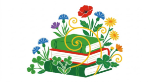 A flat vector illustration of a small stack of closed books with folk-art flowers climbing around it on white.