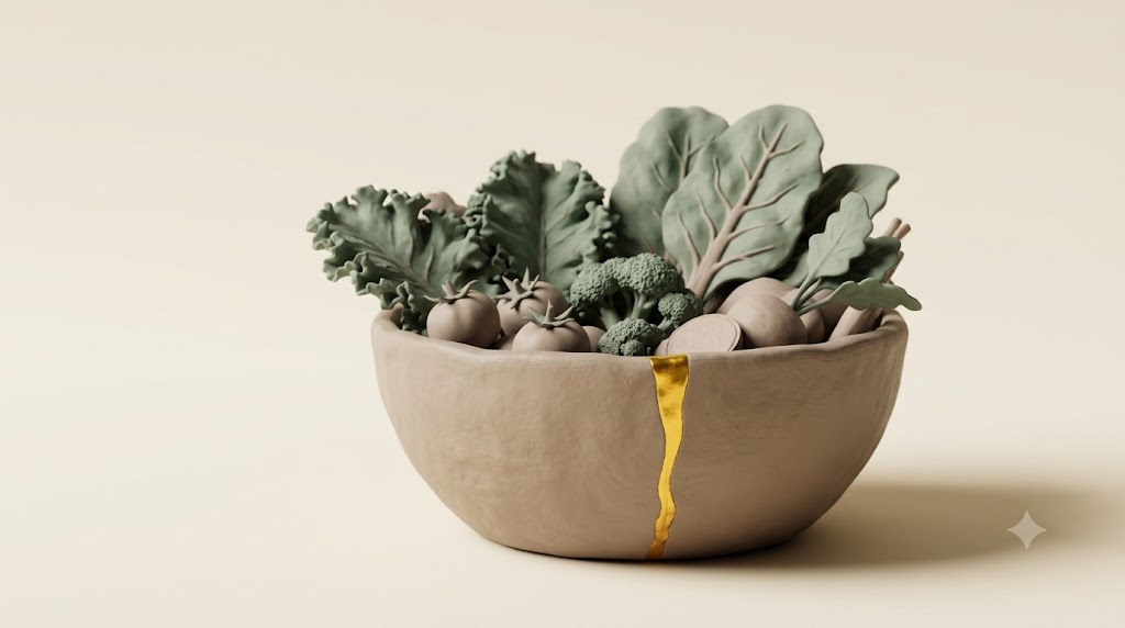 A sculpted matte clay bowl of leafy greens and vegetables, marked by one bright golden light element.