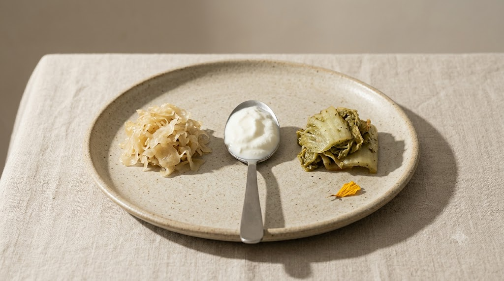 Sauerkraut, kimchi and a spoonful of plain yoghurt arranged in a row on an unglazed ceramic plate.