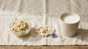 Sauerkraut, probiotic capsules and a cup of kefir in a row on a crumpled pale linen cloth.
