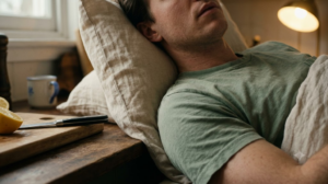 A person settling their head onto a pillow lying on their left side in warm lamplight.