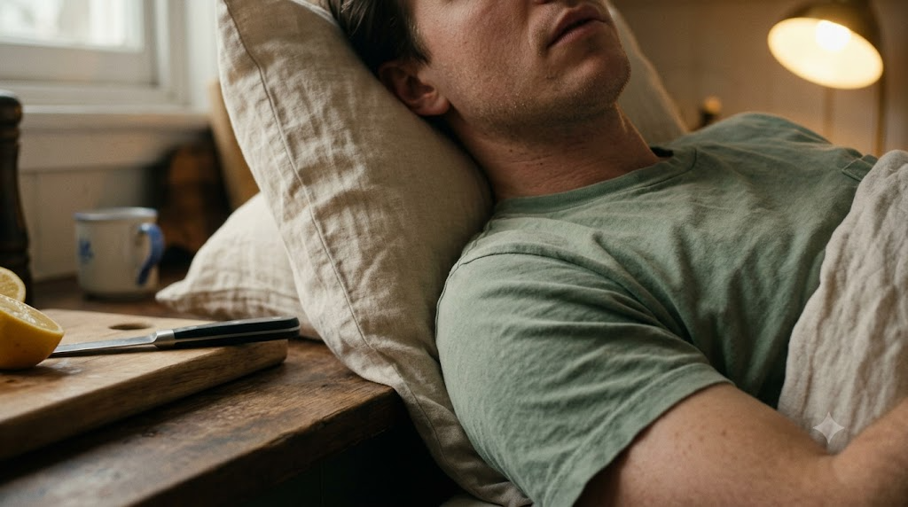 A person settling their head onto a pillow lying on their left side in warm lamplight.