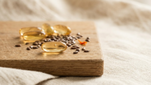 A still life photograph of amber omega-3 oil capsules with a scatter of flax seeds on a plain pale surface.