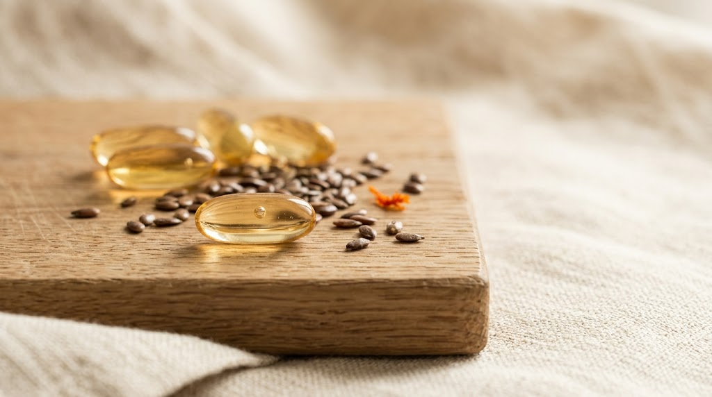 A still life photograph of amber omega-3 oil capsules with a scatter of flax seeds on a plain pale surface.
