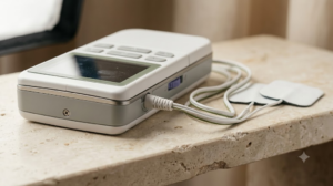 An unbranded white TENS unit with blank buttons, a dark glass screen and two lead wires with pads on a pale stone shelf.