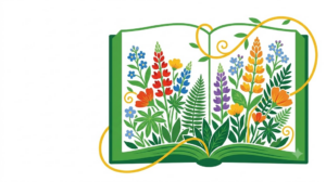 Flat vector illustration of an open hardback book framed by folk-art flowers and foliage.