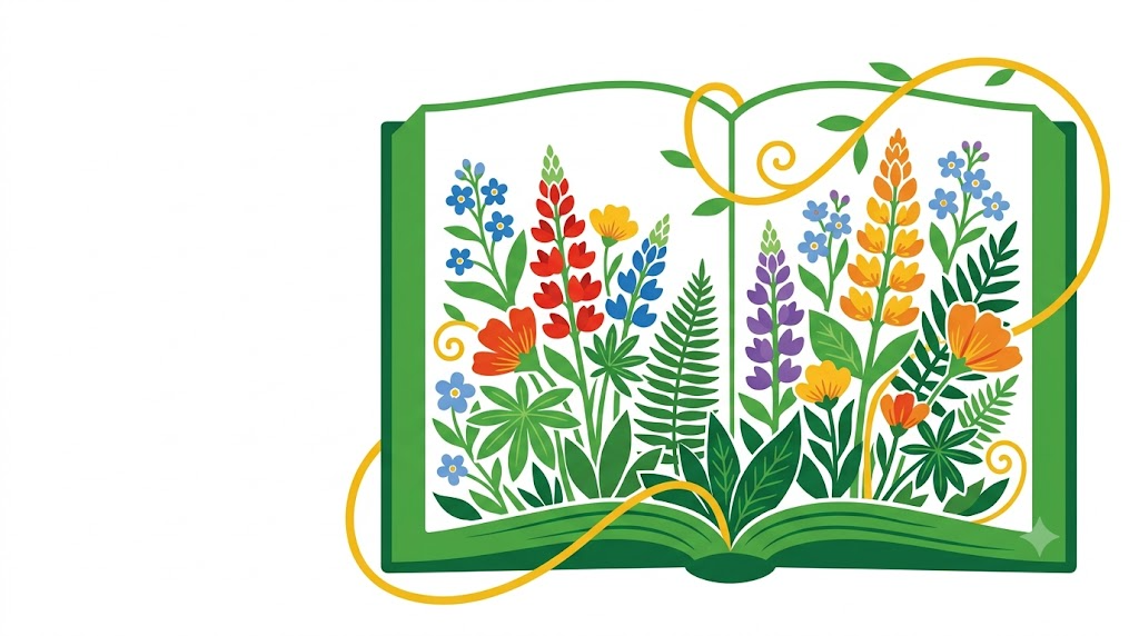 Flat vector illustration of an open hardback book framed by folk-art flowers and foliage.