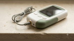 An unbranded white and sage handheld nerve stimulator with a dark glass screen and coiled lead on a pale stone shelf.