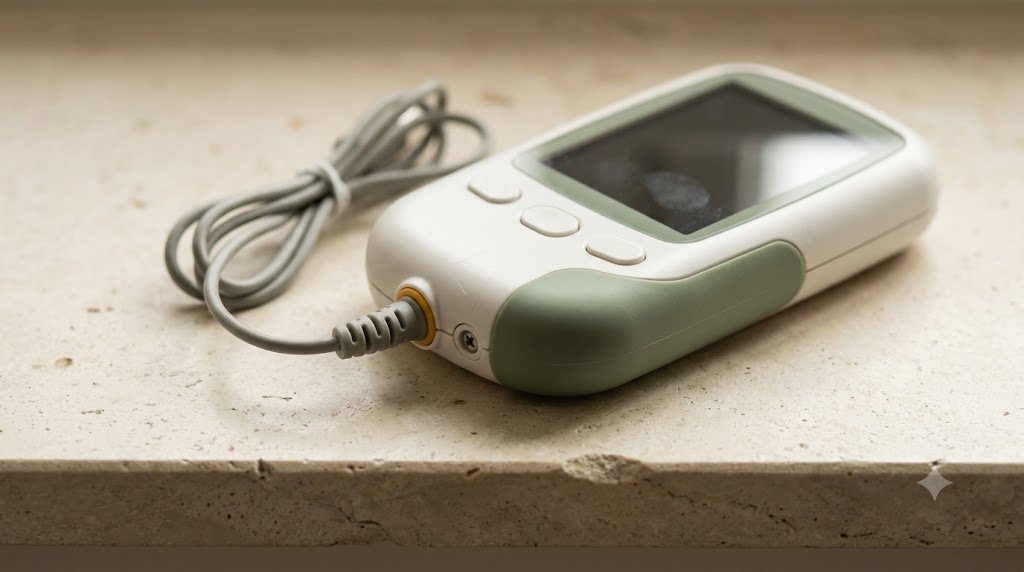 An unbranded white and sage handheld nerve stimulator with a dark glass screen and coiled lead on a pale stone shelf.