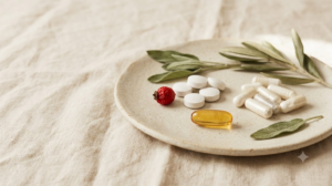 Omega-3 capsules, magnesium tablets and probiotic capsules on an unglazed ceramic plate with olive leaves.