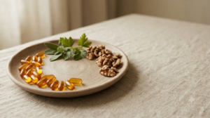 Loose amber vitamin capsules, walnut halves and a sprig of fresh parsley on a plain surface.