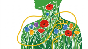 Flat vector folk-art illustration of a simplified human neck and chest with an implanted vagus nerve stimulator, surrounded by stylised blooms and foliage on a white background.